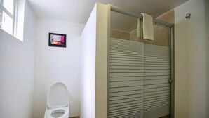Een compacte badkamer met toilet, een douche met glazen deur en een raam voor natuurlijk licht.