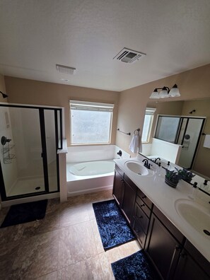 Hair dryer, towels, soap, shampoo