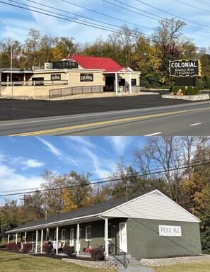 A Colonial Sports Bar & Grill with a red roof and beige exterior, and a Penn Ave Apartments building with a green exterior and white trim. - Hidden Sanctuary (Hagerstown, MD) (Hagerstown)