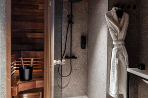 Suite, Balcony, City View | Bathroom | Shower, hair dryer, towels, soap