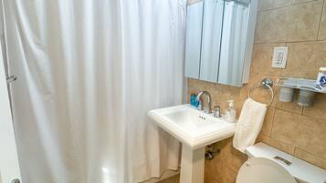 Hair dryer, towels, soap, toilet paper