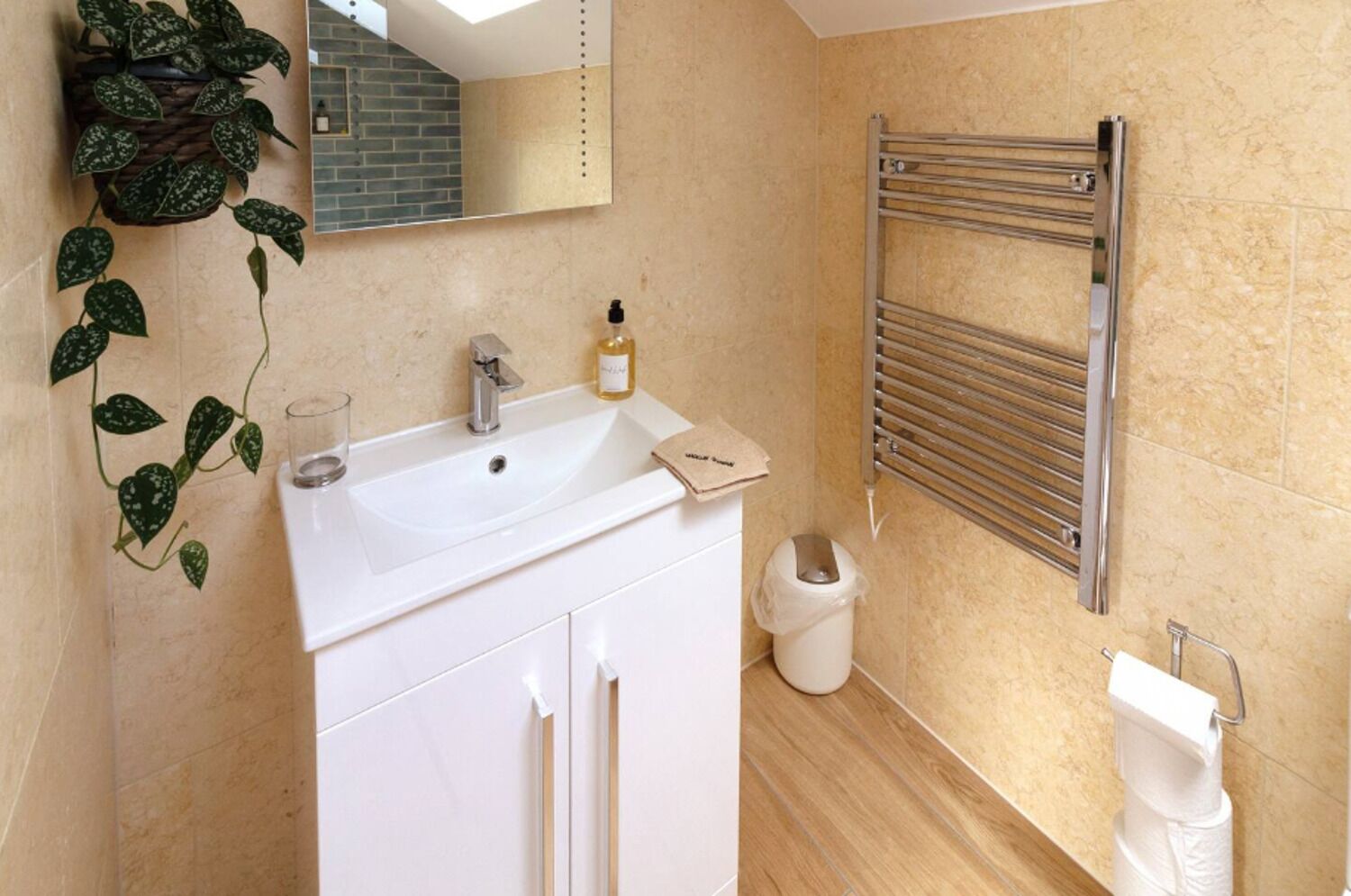 A bathroom with a white sink, a mirror, a towel rack, and a trash bin.