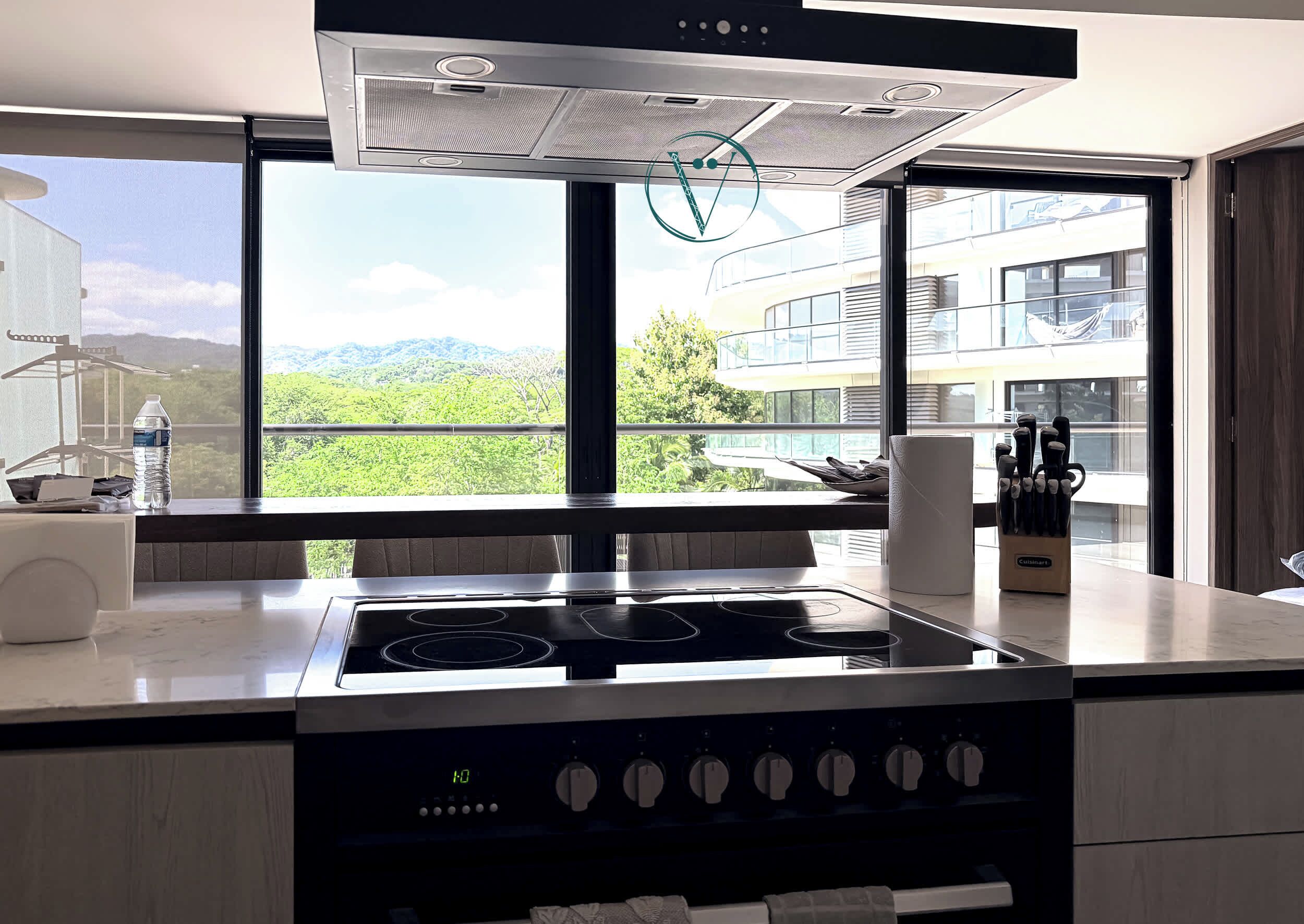 Una cucina moderna con piano cottura a gas, forno integrato e un'ampia finestra vista su un edificio e del verde.