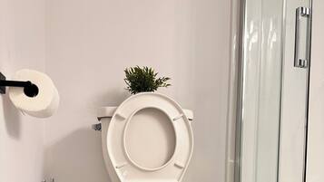A modern bathroom with a toilet, a shower, and a small potted plant.