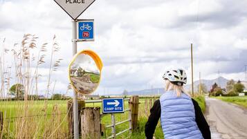 Un ciclista a una zona de pas, amb un mirall i un senyal de direcció.