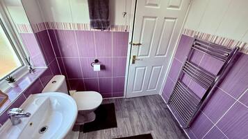 Hair dryer, towels, soap, toilet paper