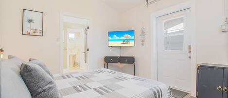 Una camera da letto con un letto, una televisione, un armadio e una porta.