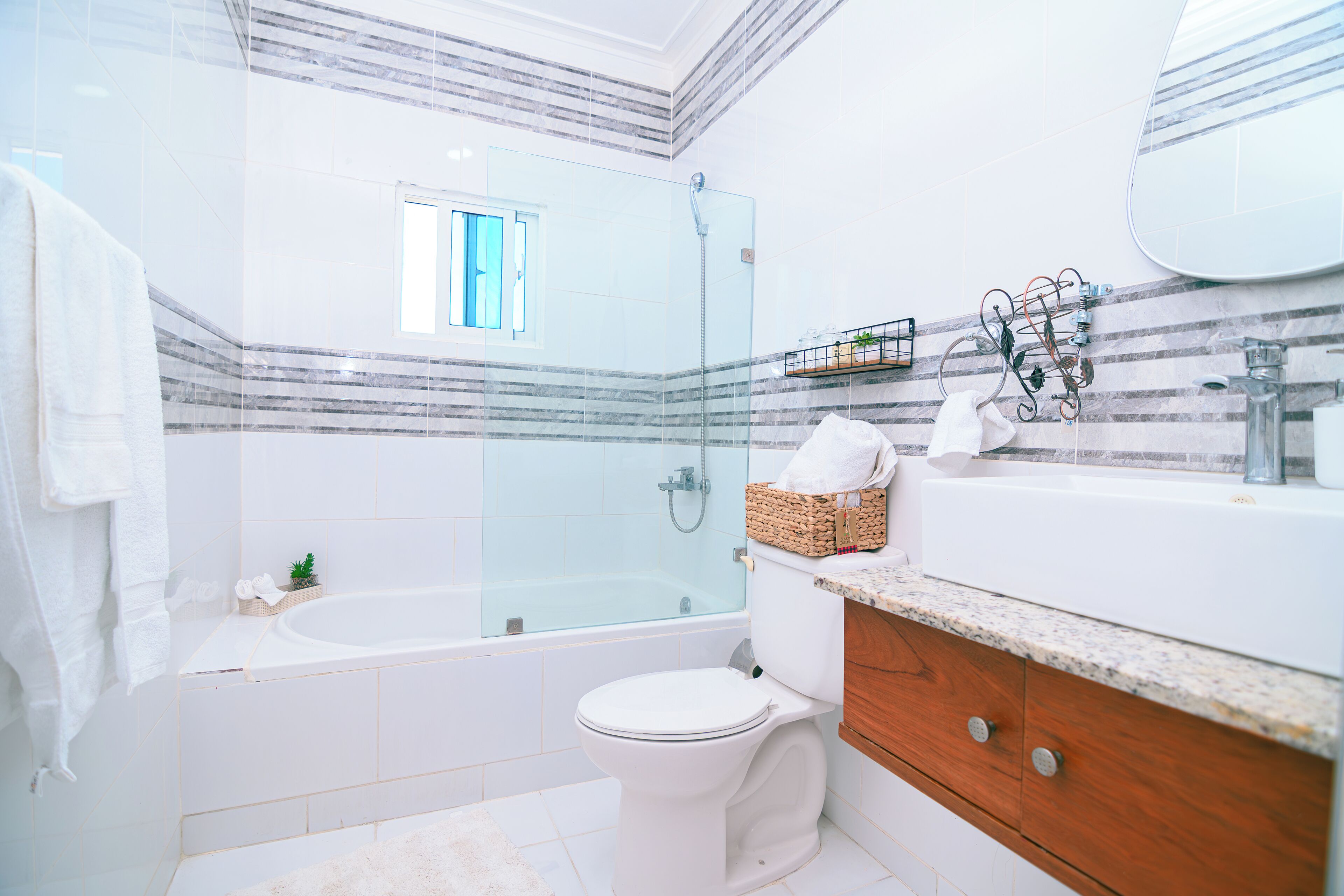 Hair dryer, towels, soap, toilet paper