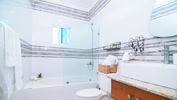 Hair dryer, towels, soap, toilet paper