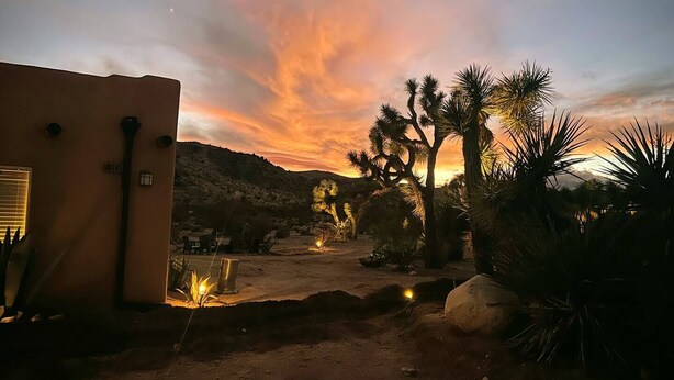 A desert landscape with a sunset, featuring Joshua trees and a building with outdoor seating.