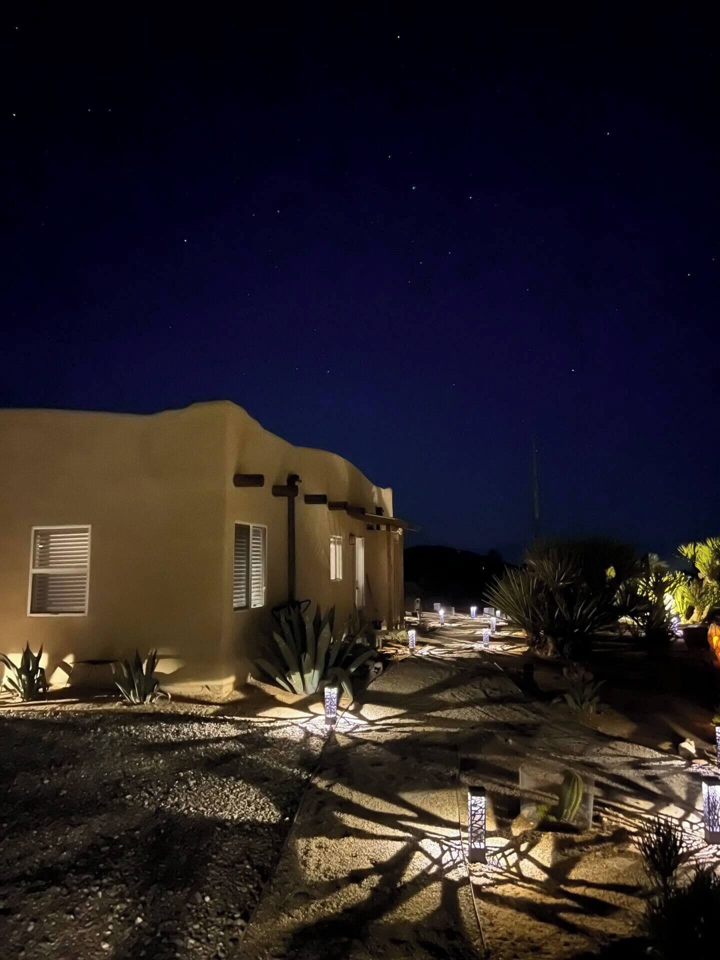 A desert-style building with a flat roof and minimalistic design, surrounded by landscaped areas with cacti and other desert plants.