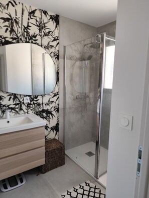 Shower, hair dryer, towels, toilet paper