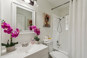 Douche, baignoire à jets, sèche-cheveux, serviettes fournies