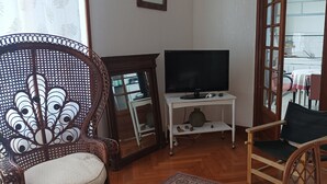 Een woonkamer met een televisie op een meubel, een rieten stoel en een uitzicht op een keuken door een glazen deur.
