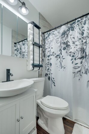 Hair dryer, towels, soap, toilet paper