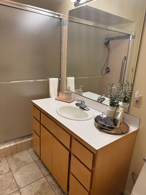 Hair dryer, towels, soap, toilet paper
