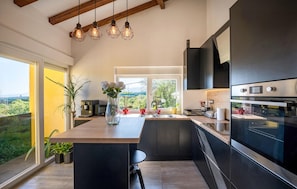 A modern kitchen with a large island, built-in appliances, and a view of greenery.
