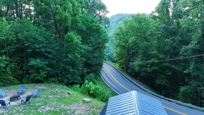 A winding road through a forested area with a small outdoor seating area with chairs and a fire pit. - The Boons Camp Cabin (Boons Camp)