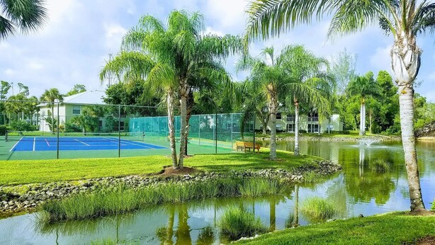 Ein Tennisplatz, umgeben von einem Zaun, einem Teich und Palmen.