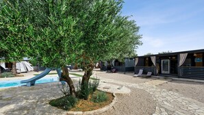 Une cour avec une piscine, un espace salon extérieur et un arbre.