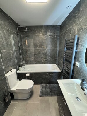 Hair dryer, towels, soap, toilet paper
