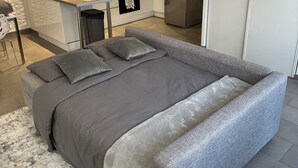 Une chambre moderne dotée d’un grand lit, d’une kitchenette et d’une salle de bain séparée.