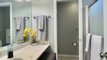 Secadora de cabello, toallas, jabón, shampoo