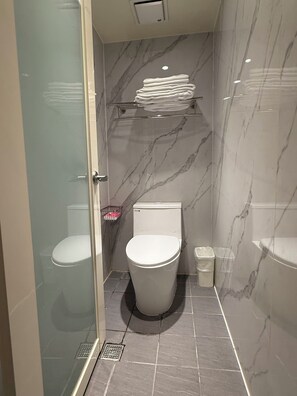 Dusche, Haartrockner, Handtücher, Toilettenpapier