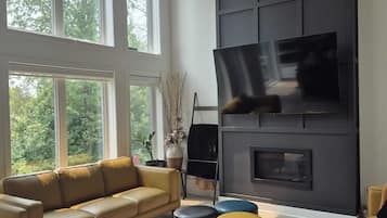 Smart TV, chimenea y libros