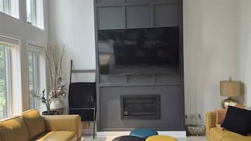 TV connectée, cheminée, livres