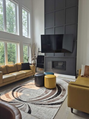 TV connectée, cheminée, livres