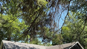 A two-story house with a front porch, a garage, and a yard. - Charming 2-bedroom home in Hackensack. Enjoy during the summer and winter. (Hackensack)