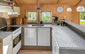 Fridge, stovetop, dishwasher, coffee/tea maker