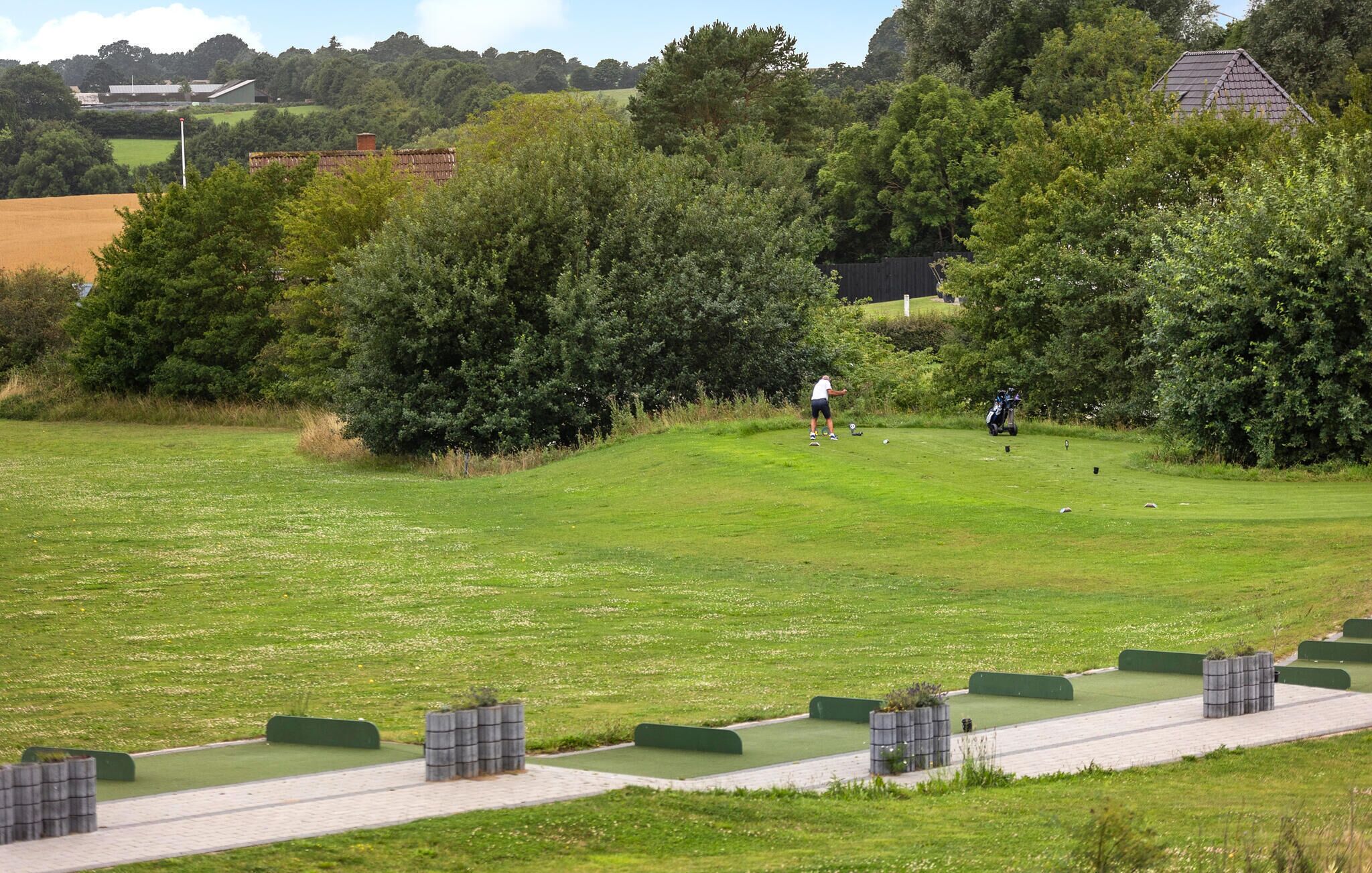 A golf course with a walking path, trees, and a distant building.