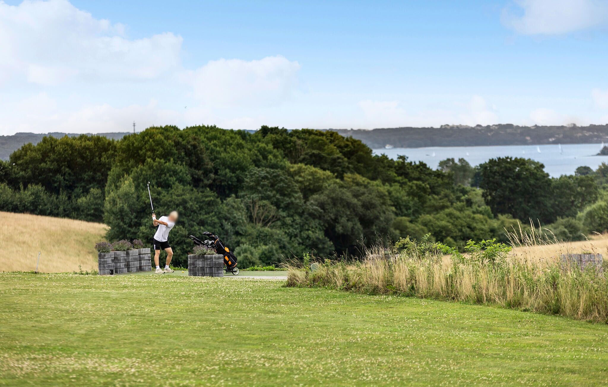 A golf course with a person preparing to hit a ball, a golf cart, and a scenic view of a lake and forest in the background.