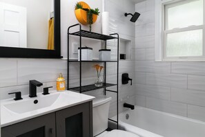 Hair dryer, towels, soap, toilet paper