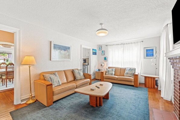 Smart TV, fireplace, books, video library