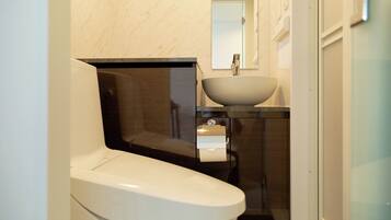 A bathroom with a toilet, a sink, and a mirror.