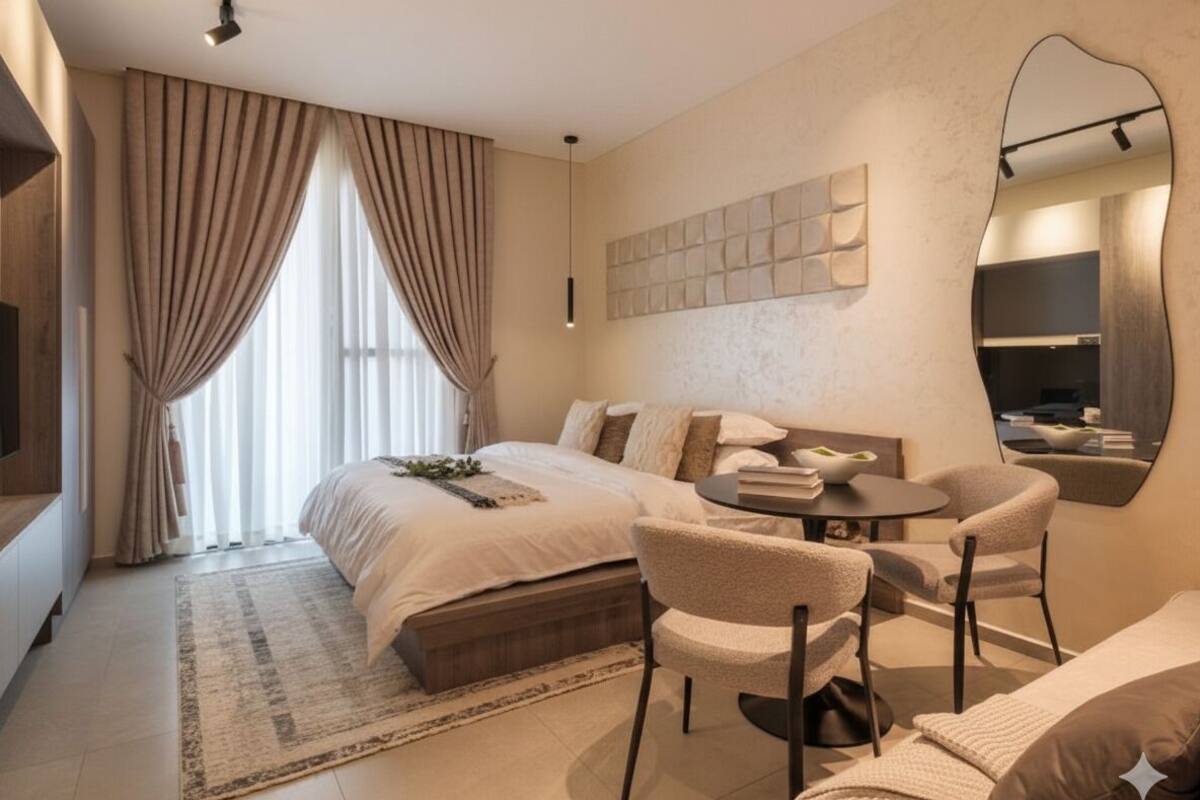 A modern bedroom with a large bed, a round coffee table, two armchairs, and a mirror on the wall.