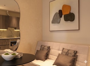 Monolocale comfort, 1 letto queen, vista città | Con stile personalizzato, con arredamento individuale, una scrivania