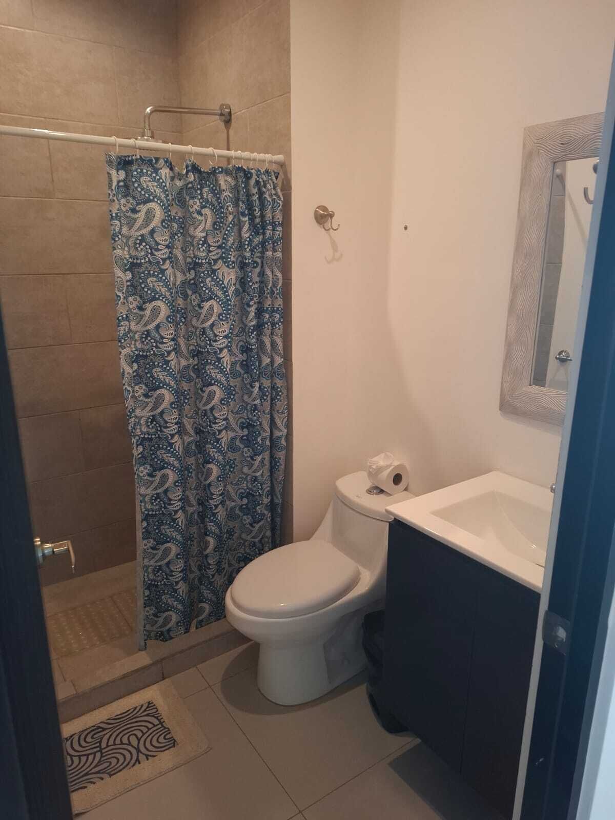 Shower, towels, soap, toilet paper