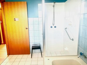 Hair dryer, towels, soap, shampoo