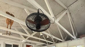 Amplia sala de estar con techo alto, vigas a la vista, un ventilador grande, un televisor, un mueble de madera, un sofá, un tapete estampado y un comedor con sillas de madera.