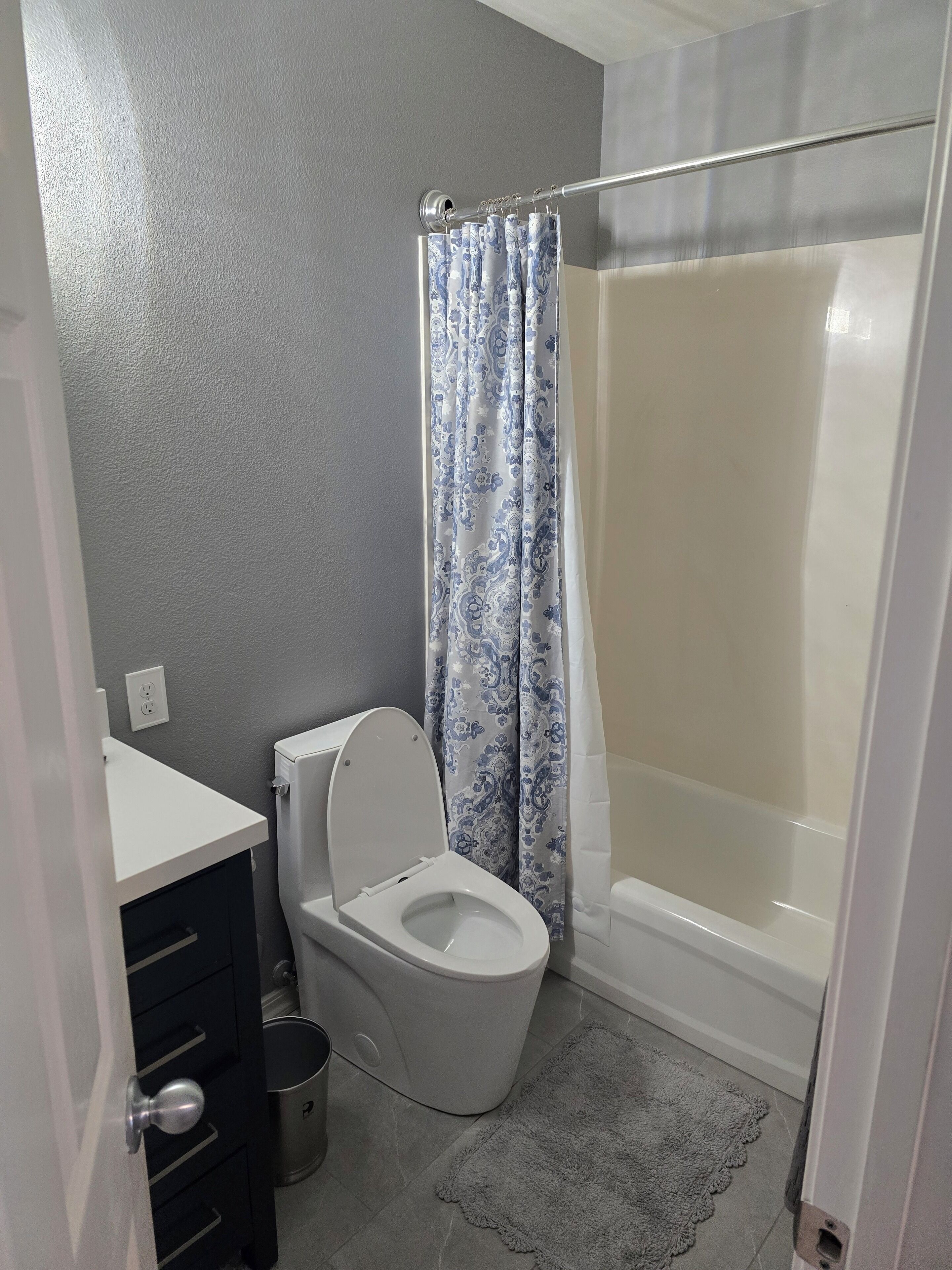 Hair dryer, towels, soap, toilet paper