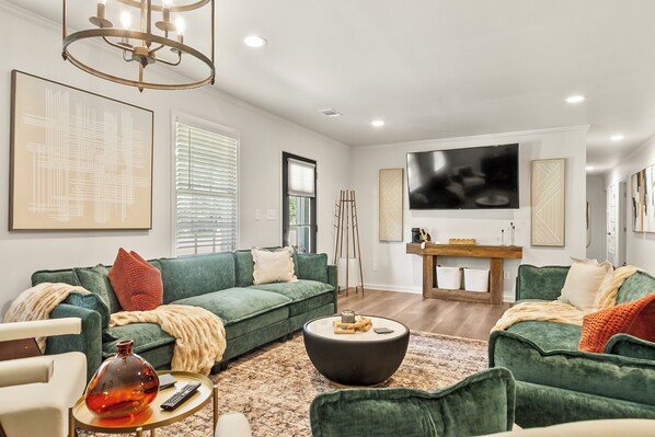 Smart TV, fireplace, books