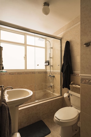 Shower, hair dryer, towels, soap