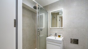Une salle de bain moderne avec une douche à parois de verre, un lavabo blanc avec un miroir au-dessus et des toilettes.