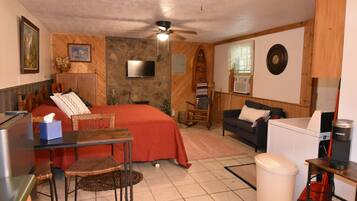 A compact room with a bed, a small table, a chair, a sofa, a television, a ceiling fan, and a washing machine.