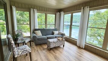 Smart TV, fireplace, table football, books