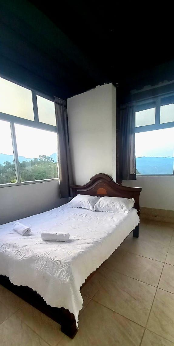 A neatly made bed with white linens and two towels, a wooden headboard, and a view of the outdoors through large windows.